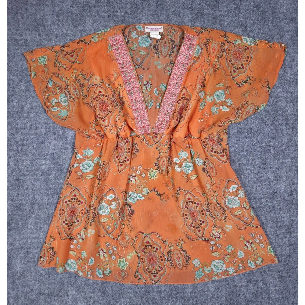 Meghan Noland Tunic Top Womens L Orange Paisley Embroidered V-Neck Metallic Boho